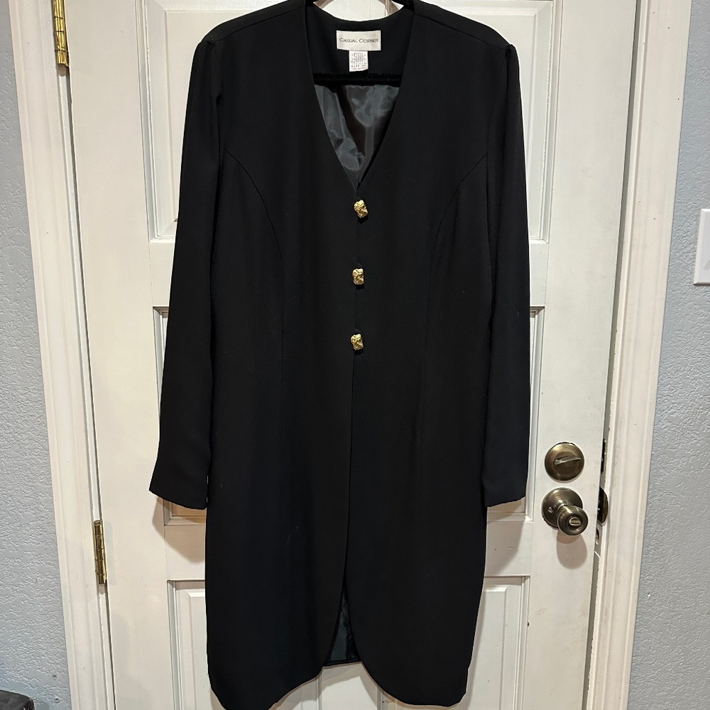VTG Casual Corner Gold Buttons Long Dress Black Blazer Jacket Womens Size 16